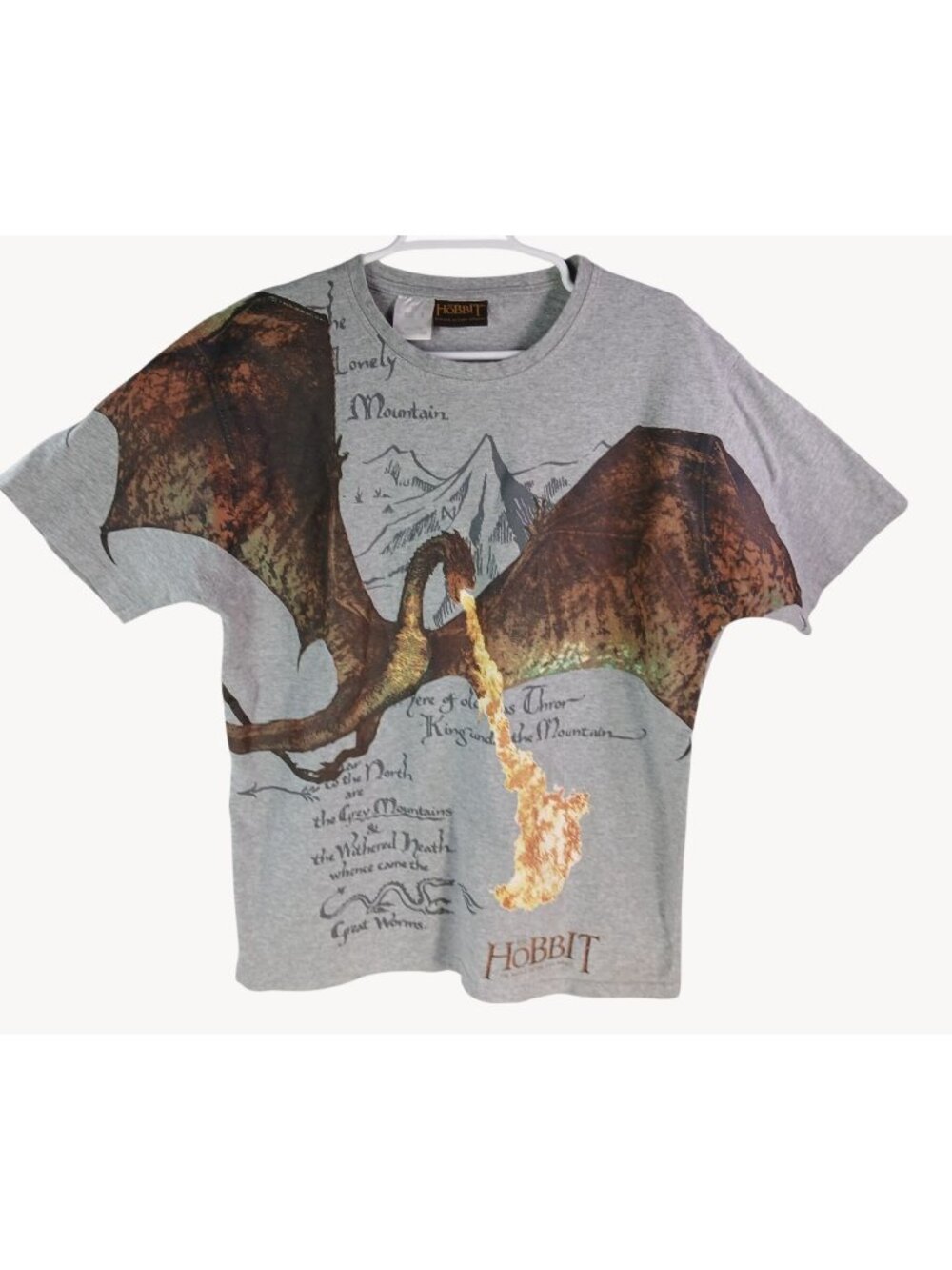 Hobbit Smaug Graphic T Shirt Grey Cotton Size L Battle Five Armies LoRT Licensed